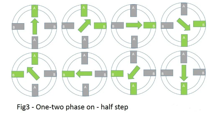 單相和雙相交替通電，實現半步驅動的概念。單相通電時，線圈產生磁場，磁鐵因為磁場的吸引力，指向通電的線圈。雙相通電時，因為兩個線圈都產生磁場，所以合成磁場讓轉子處于中間平衡位置。